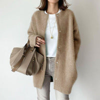 Long Round-Neck Knit Cardigan Coat – Women – Camel – worn