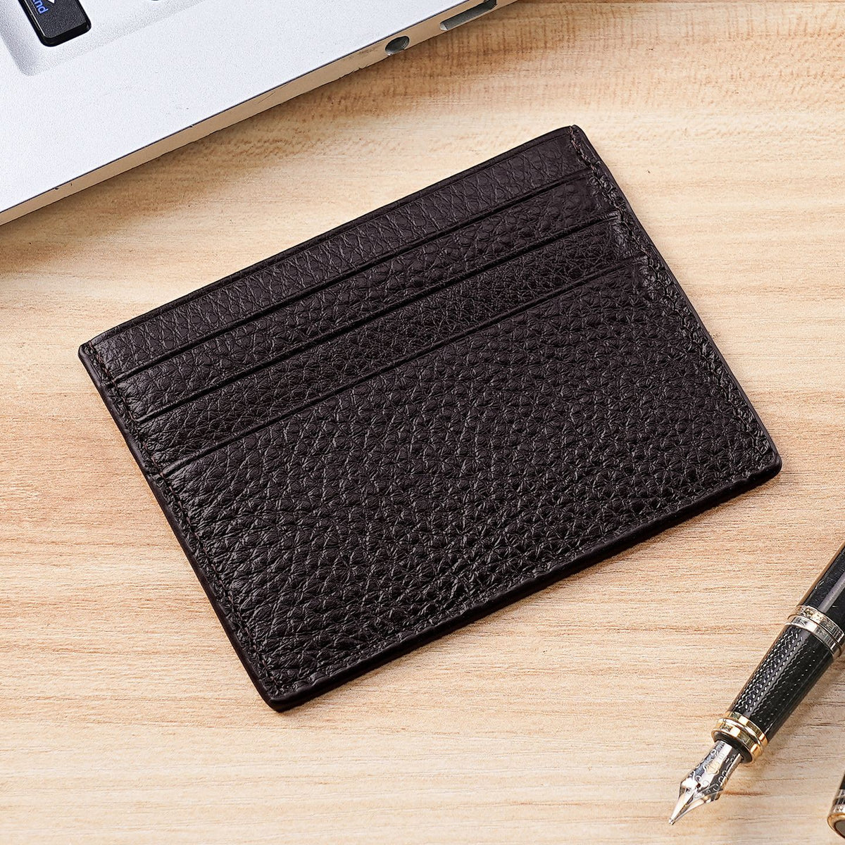 Ultra-Thin Leather Card Holder, RFID Blocking – Men – Chocolate · Pebbled – front