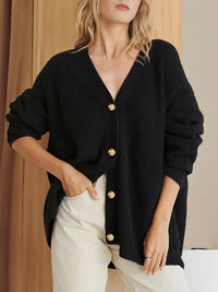 Ribbed V-Neck Button Cardigan – Women – Black – worn