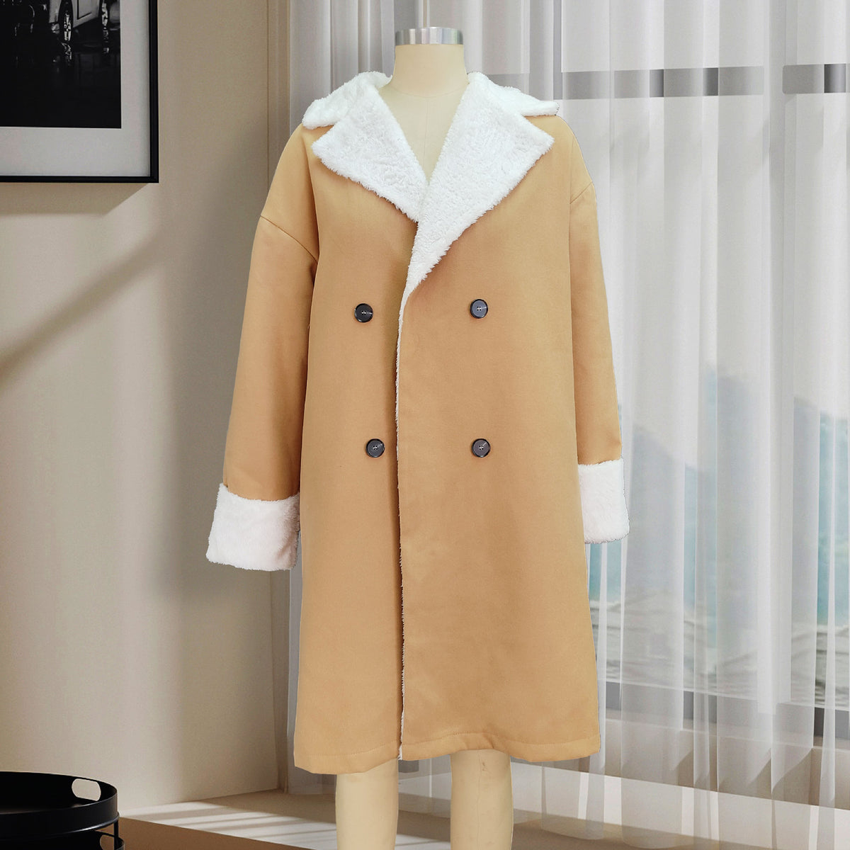 Double-Breasted Coat with Teddy Collar – Women – Camel – on mannequin