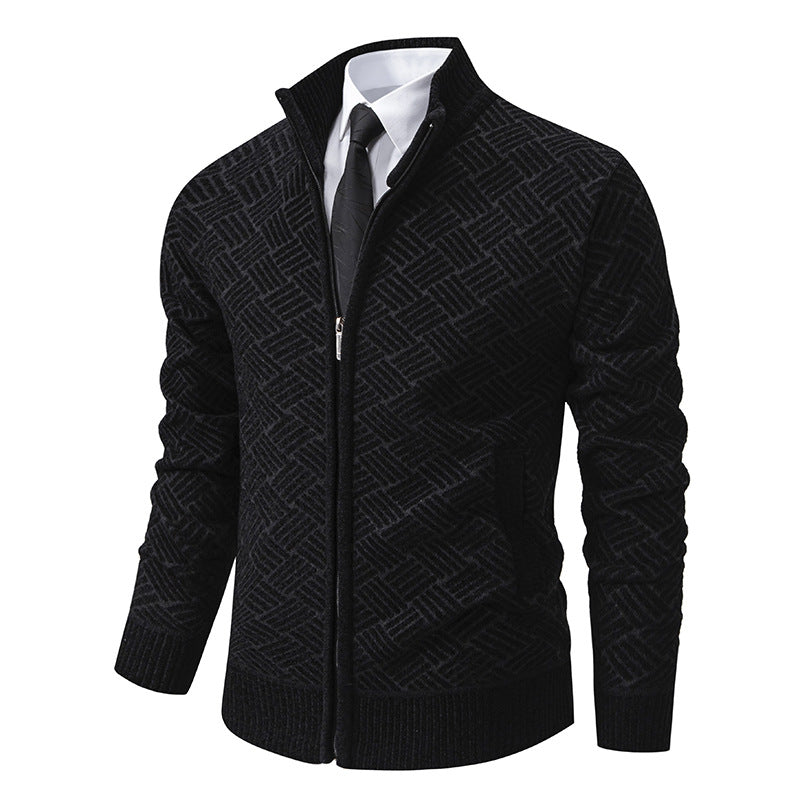 Fleece-Lined Basket-Weave Zip Cardigan – Men – Black – front