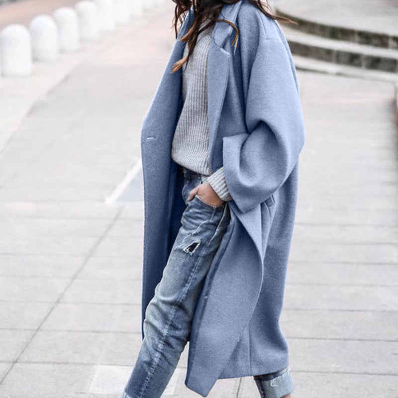 Long Oversized Lapel Coat – Women – Light Blue – worn