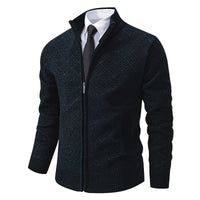 Fleece-Lined Basket-Weave Zip Cardigan – Men – Navy – front