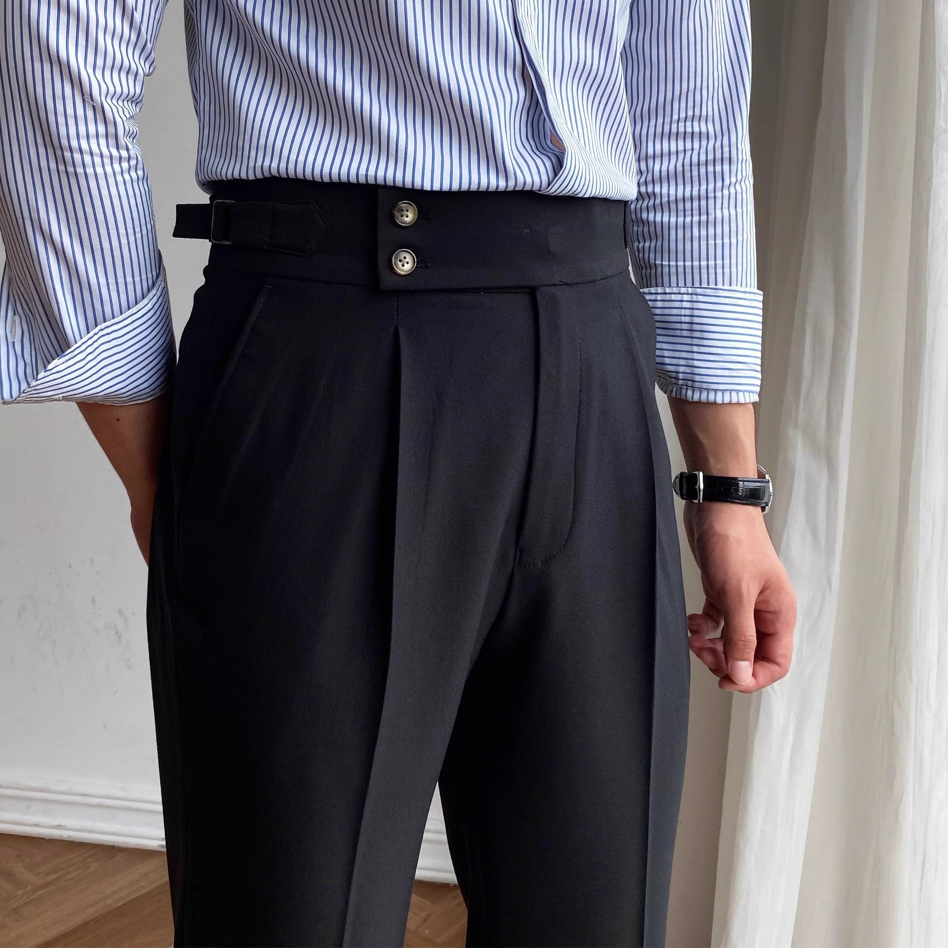 Wrinkle-Free High-Waist Pleated Trousers, Double-Button Tab – Men – Black – waist