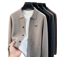 Shirt-Collar Knit Cardigan, Button Front – Men – Stone – front, cut out
