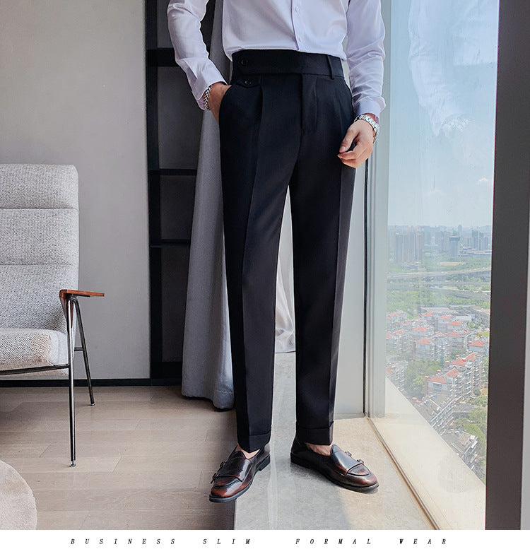 Pleated Trousers, Extended Tab Waist, Cropped Leg – Men – Black – front