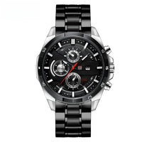 Sport Chronograph Watch, Leather or Steel – Men – Black · Black Dial · Steel Bracelet – front