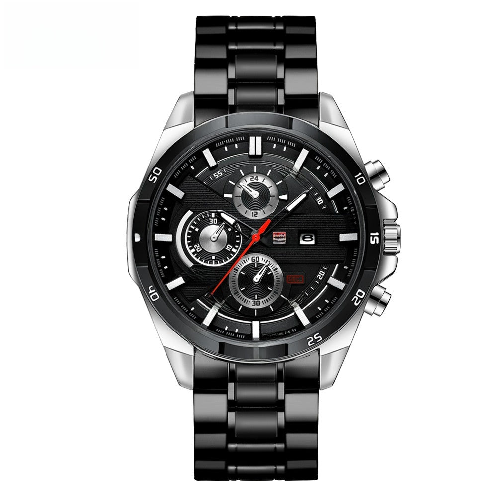 Sport Chronograph Watch, Leather or Steel – Men – Black · Black Dial · Steel Bracelet – front