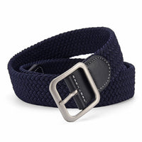 Woven Stretch Belt with Leather-Look Tab – Men – Navy · Black Tab – front