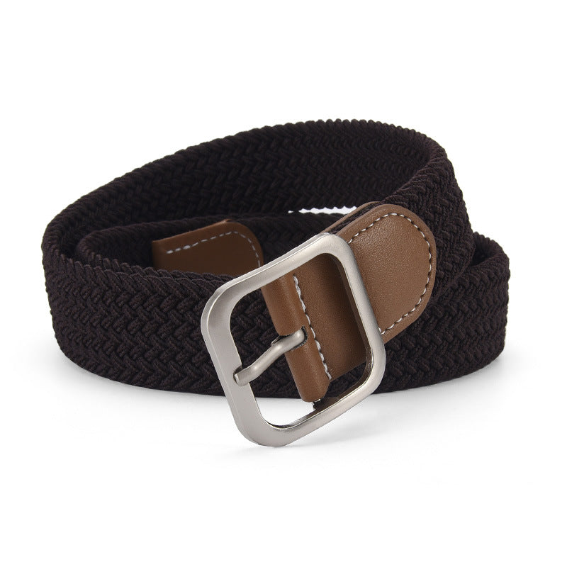 Woven Stretch Belt with Leather-Look Tab – Men – Chocolate · Brown Tab – front