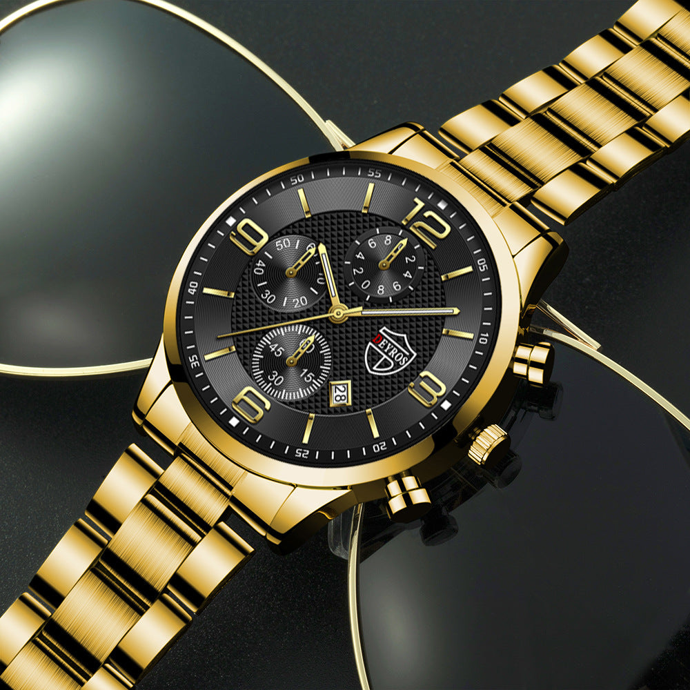 Stainless Steel Chronograph Watch – Men – Gold · Black Dial · Steel Bracelet – lifestyle
