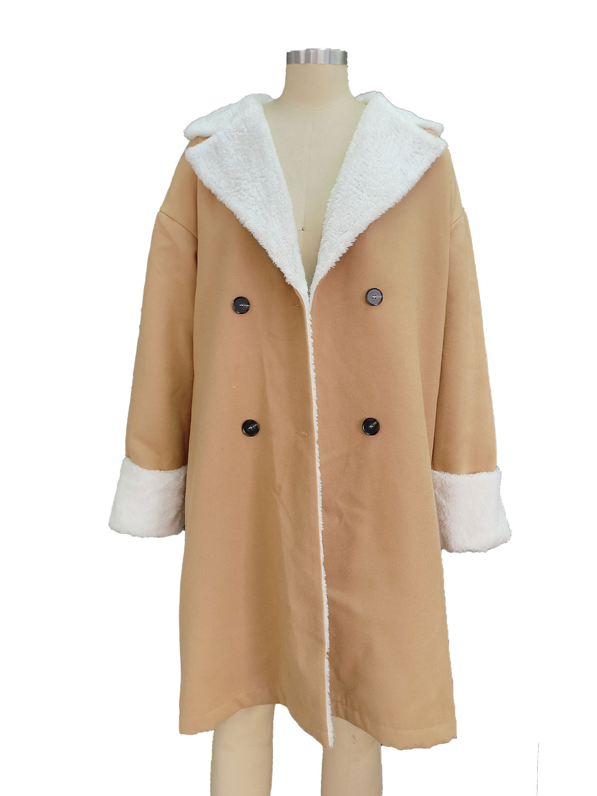 Double-Breasted Coat with Teddy Collar – Women – Camel – front, flat
