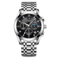 Sapphire-Glass Dress Watch, Date, Leather or Steel – Men – Silver · Black Dial · Steel Bracelet – front