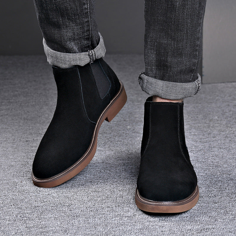 Suede Chelsea Boots, Cowhide, Fleece Option – Men – Black – worn