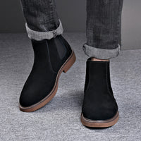 Suede Chelsea Boots, Cowhide, Fleece Option – Men – Black – worn