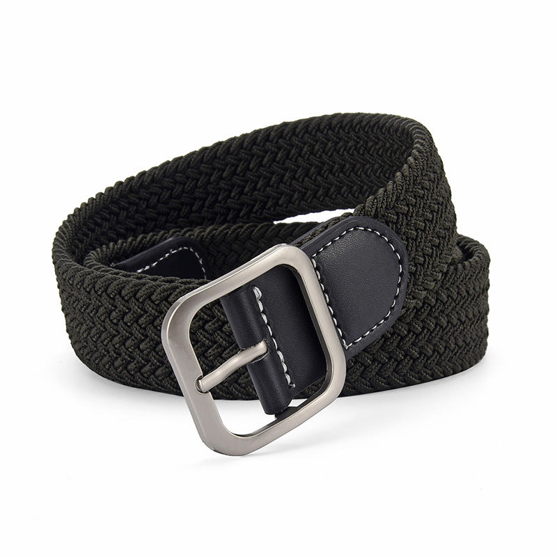 Woven Stretch Belt with Leather-Look Tab – Men – Forest Green · Black Tab – front