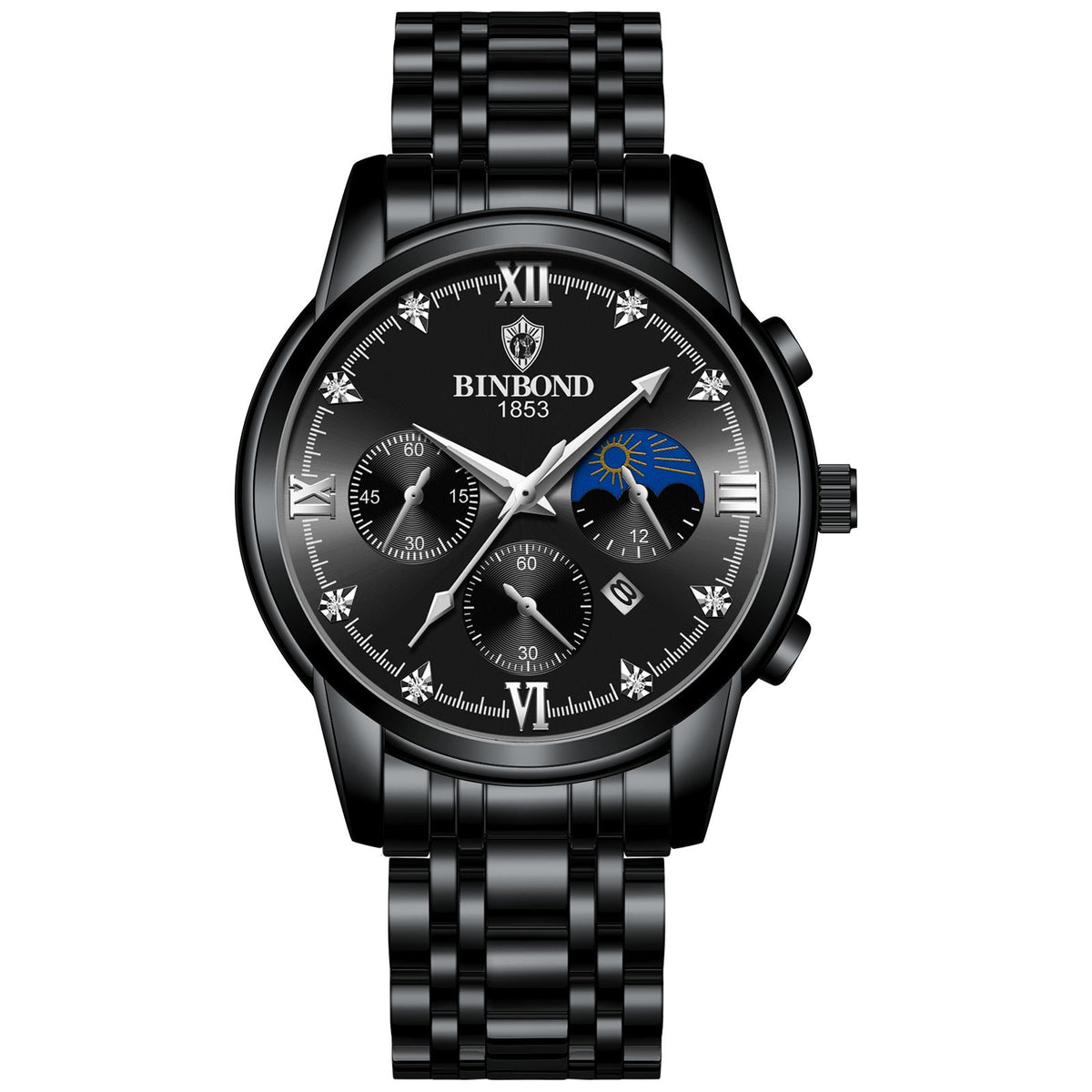 Calendar Chronograph Watch, Luminous Hands – Men – Black · Black Dial · Steel Bracelet – front