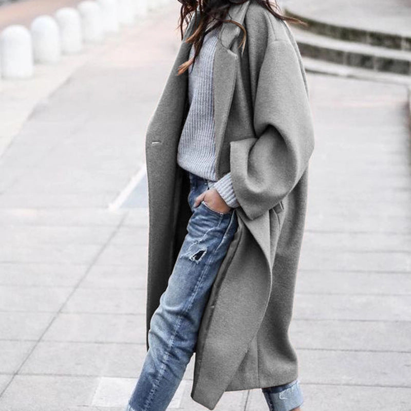 Long Oversized Lapel Coat – Women – Grey – worn