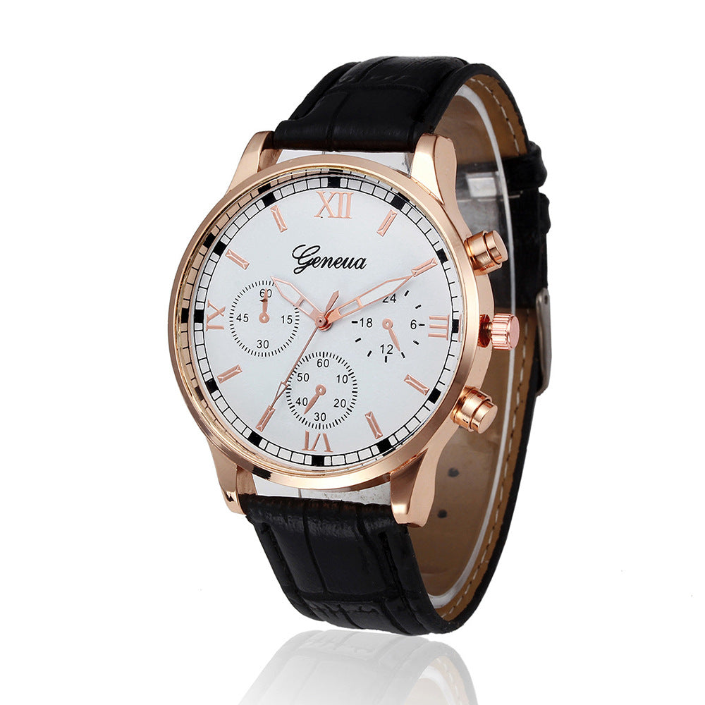 Rose Gold Dress Watch, Roman Numerals – Men – Rose Gold · White Dial · Black Strap – front