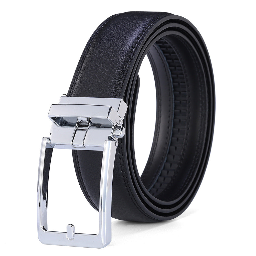 Leather Ratchet Belt, No Holes – Men – Black · Silver Buckle – front