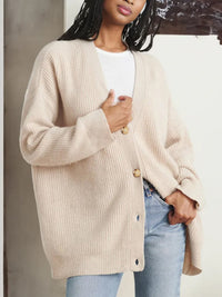 Ribbed V-Neck Button Cardigan – Women – Cream – worn