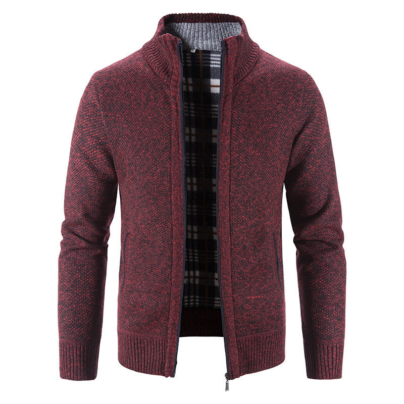 Check-Lined Marled Knit Zip Cardigan – Men – Burgundy – front