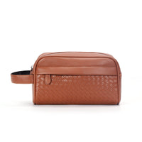 Woven Leather-Look Zip Pouch, Wrist Strap – Men – Brown – front