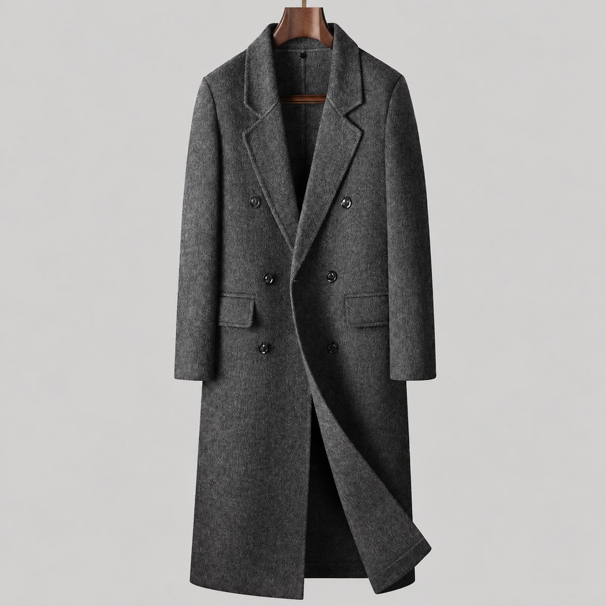 70% Wool Herringbone Double-Breasted Overcoat – Men – Grey – front