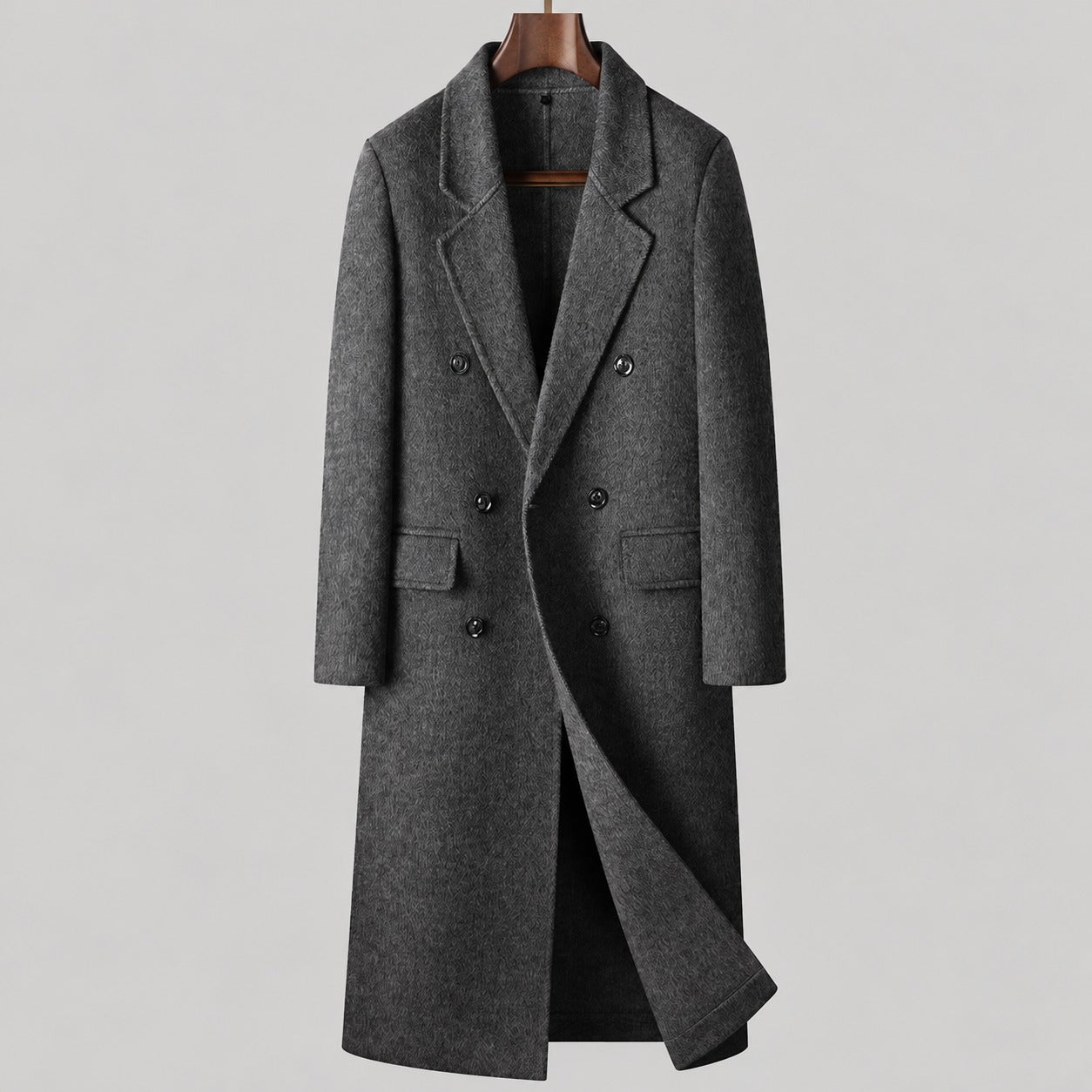 70% Wool Herringbone Double-Breasted Overcoat – Men – Grey – front