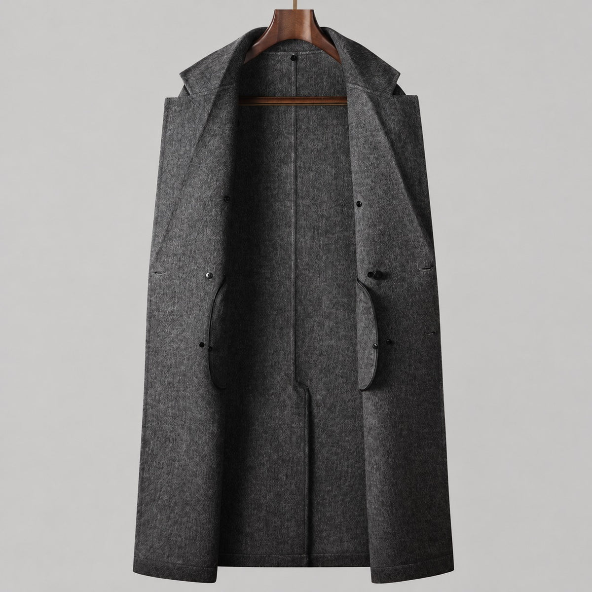 70% Wool Herringbone Double-Breasted Overcoat – Men – Grey – open, lining