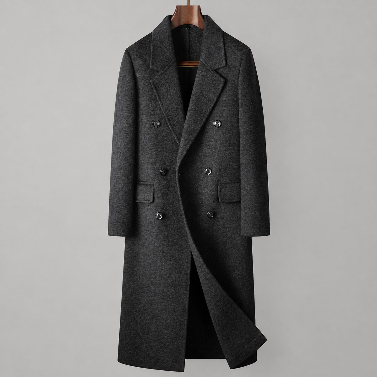 70% Wool Herringbone Double-Breasted Overcoat – Men – Charcoal – front