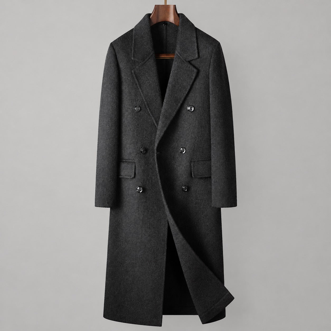 70% Wool Herringbone Double-Breasted Overcoat – Men – Charcoal – front