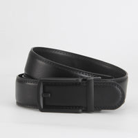 Leather Ratchet Belt, Slim Buckle – Men – Black · Black Frame Buckle – front
