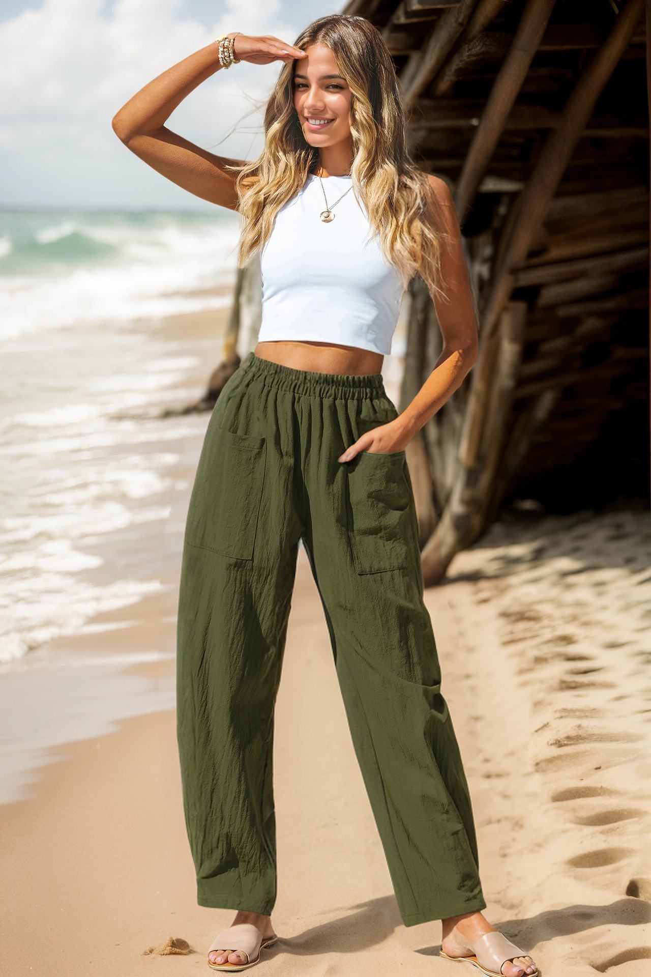 100% Polyester Elastic-Waist Relaxed Trousers – Women – Olive – worn