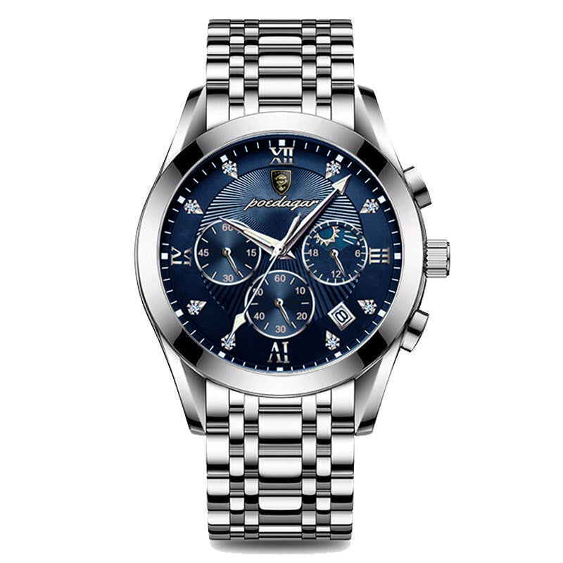 Sapphire-Glass Dress Watch, Date, Leather or Steel – Men – Silver · Blue Dial · Steel Bracelet – front