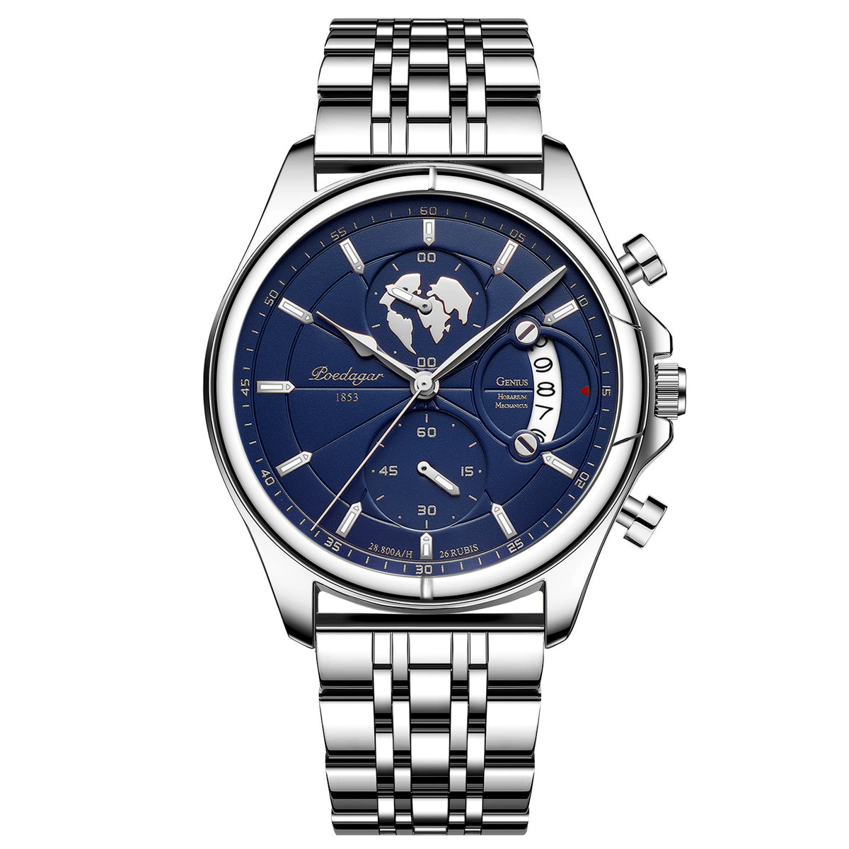 Chronograph Watch, Sapphire Glass, Leather or Steel – Men – Silver · Blue Dial · Steel Bracelet – front