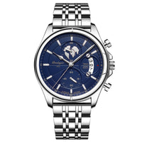 Chronograph Watch, Sapphire Glass, Leather or Steel – Men – Silver · Blue Dial · Steel Bracelet – front