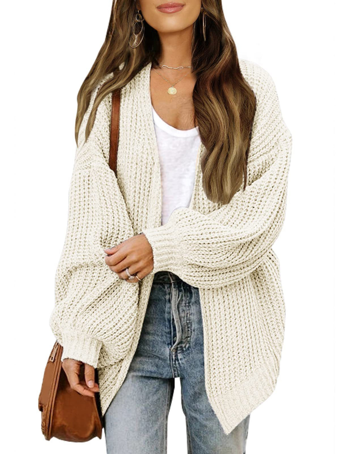 Chunky Knit Open Cardigan with Balloon Sleeves – Women – Cream – worn