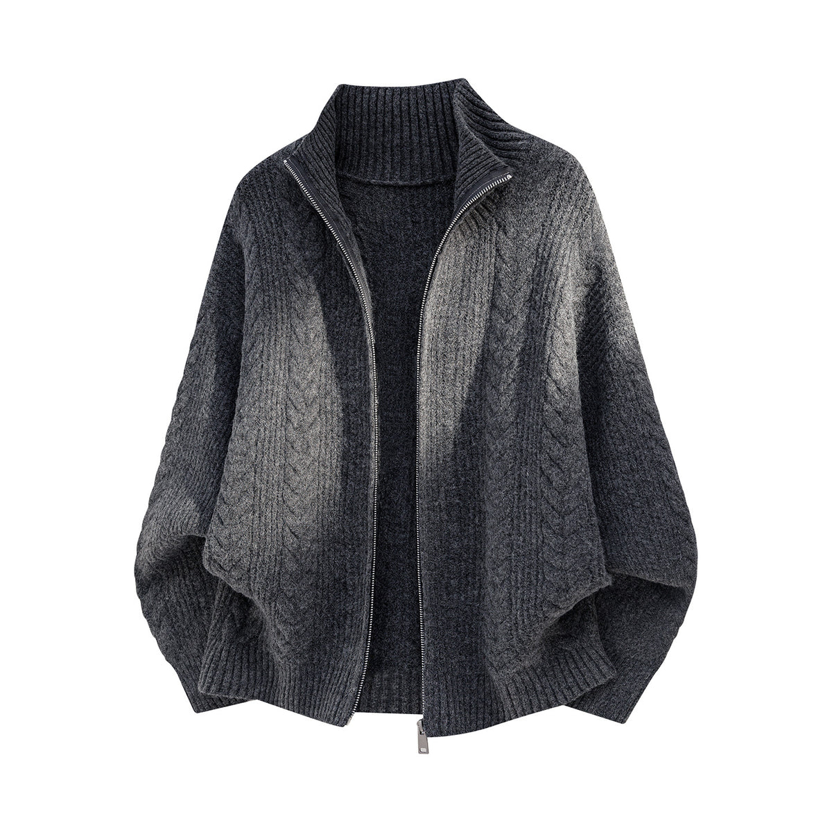 Cable Knit Zip Cardigan, Stand Collar, Relaxed Fit – Men – Charcoal – front