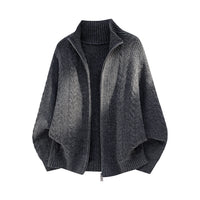 Cable Knit Zip Cardigan, Stand Collar, Relaxed Fit – Men – Charcoal – front