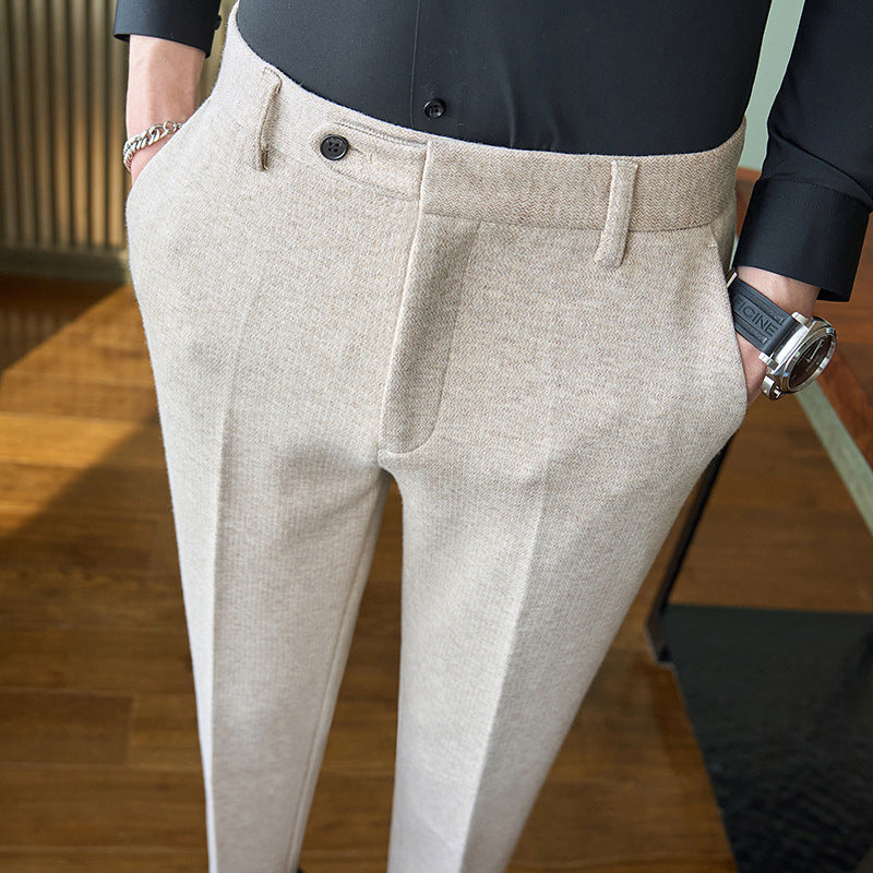 Brushed Wool-Look Slim Trousers, Ankle Length – Men – Beige – worn
