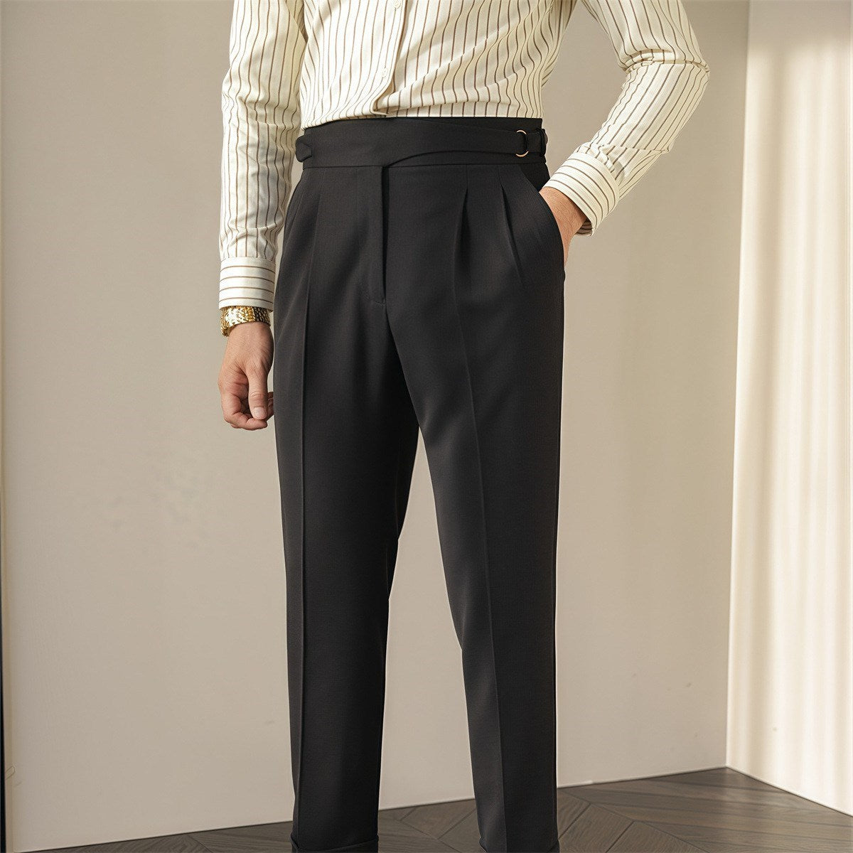 Extended-Tab Pleated Trousers, Side Buckle, No-Iron – Men – Black – waist