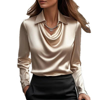 Satin Cowl-Neck Long-Sleeve Blouse – Women – Beige – worn, side