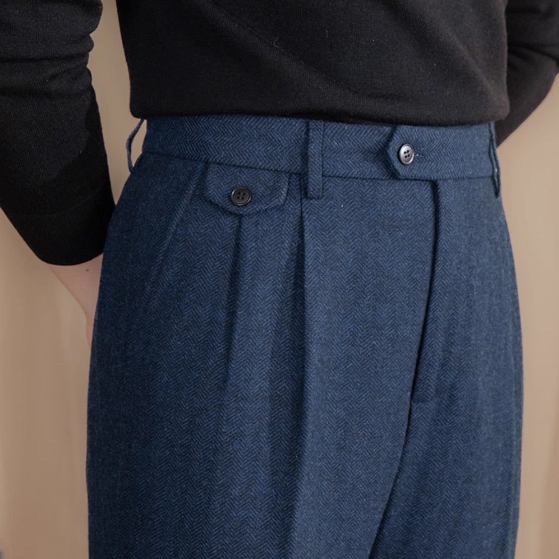 Herringbone Pleated Trousers, High Waist – Men – Navy – side