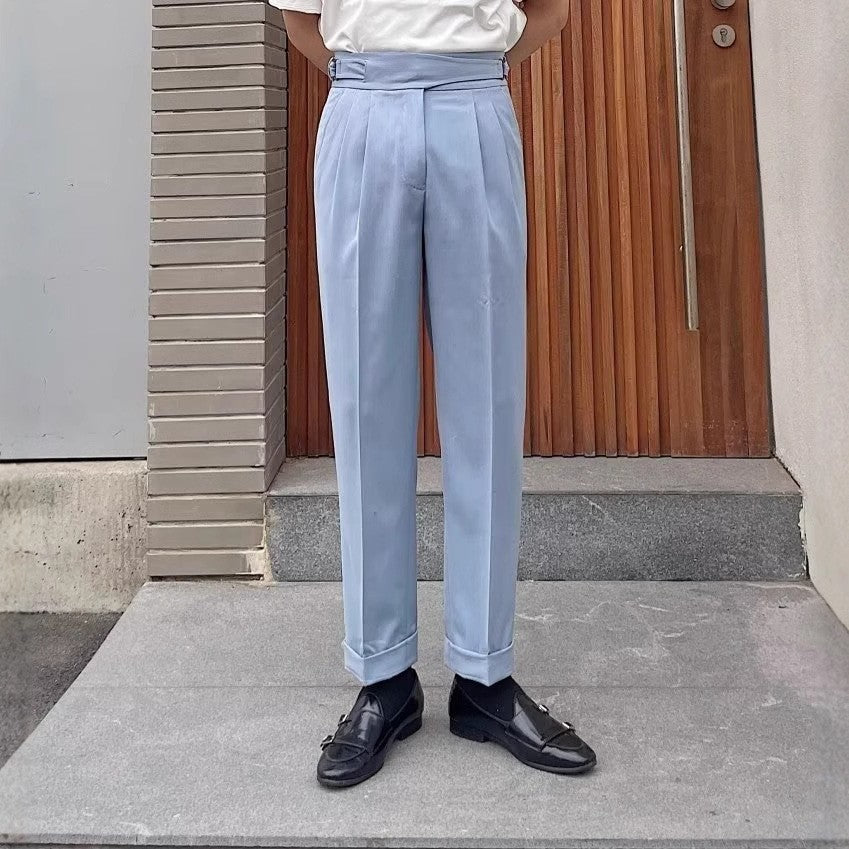 Extended-Tab Pleated Trousers, Side Buckle, No-Iron – Men – Light Blue – worn, full length