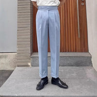 Extended-Tab Pleated Trousers, Side Buckle, No-Iron – Men – Light Blue – worn, full length