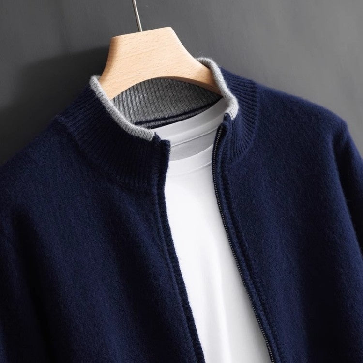 Tipped Stand-Collar Zip Cardigan – Men – Navy – collar