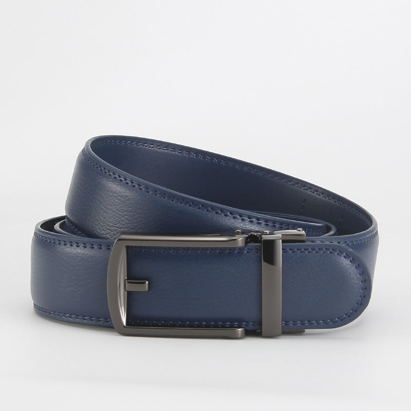 Leather Ratchet Belt, Slim Buckle – Men – Navy · Gunmetal Frame Buckle – front