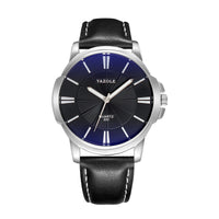 Minimalist Dress Watch, Leather Strap – Men – Silver · Black Dial · Black Strap – front
