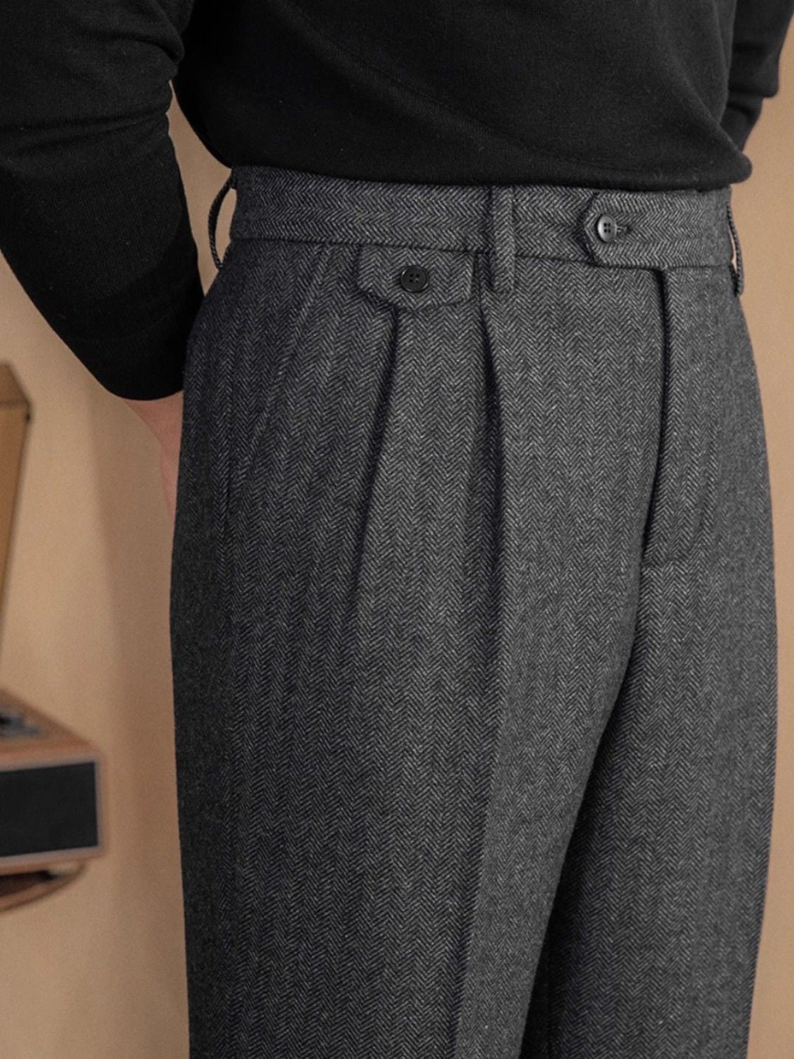 Herringbone Pleated Trousers, High Waist – Men – Grey – pleat detail